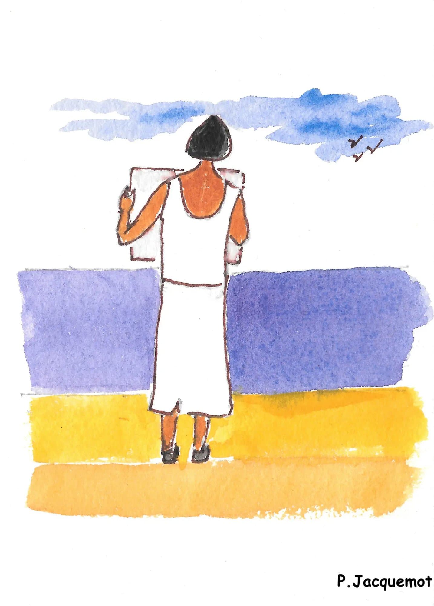 Aquarelle — femme face à la mer
